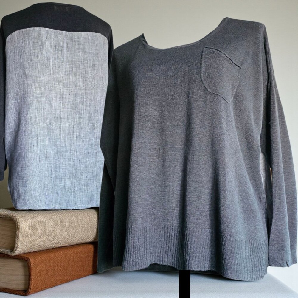 WRAP LONDON ( 10 ) LINEN Gray/Light Gray 7/8 Sleeve Drop Tail Pullover Top